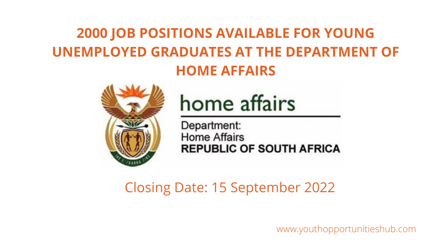 2000 JOB POSITIONS AVAILABLE FOR YOUNG UNEMPLOYED GRADUATES AT THE DEPARTMENT OF HOME AFFAIRS (South Africa)