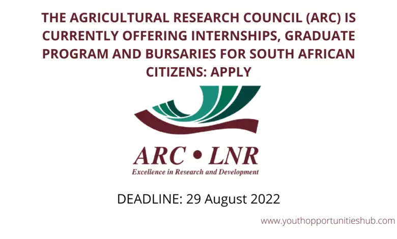 THE AGRICULTURAL RESEARCH COUNCIL (ARC) IS CURRENTLY OFFERING INTERNSHIPS, GRADUATE PROGRAM AND BURSARIES FOR SOUTH AFRICAN CITIZENS: APPLY