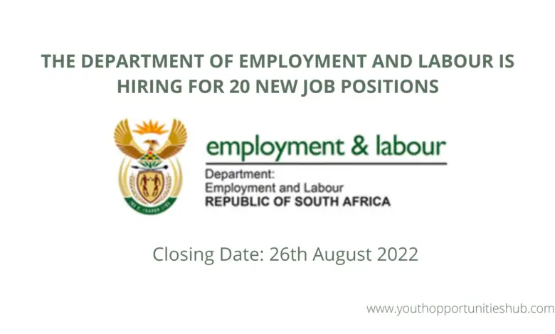 THE DEPARTMENT OF EMPLOYMENT AND LABOUR IS HIRING FOR 20 NEW JOB POSITIONS WITH A CLOSING DATE OF 26th OF AUGUST 2022