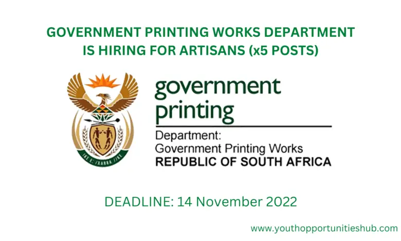 SOUTH AFRICA'S GOVERNMENT PRINTING WORKS DEPARTMENT IS HIRING FOR ARTISANS (x5 POSTS)