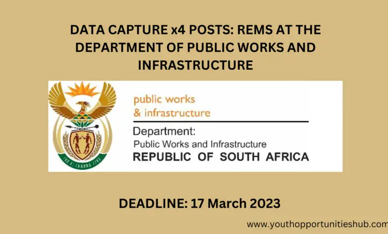 DATA CAPTURE x4 POSTS: REMS AT THE DEPARTMENT OF PUBLIC WORKS AND INFRASTRUCTURE (12 Months Contract)