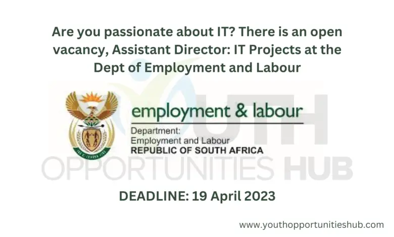 Are you passionate about IT? There is an open vacancy, Assistant Director: IT Projects at the Dept of Employment and Labour