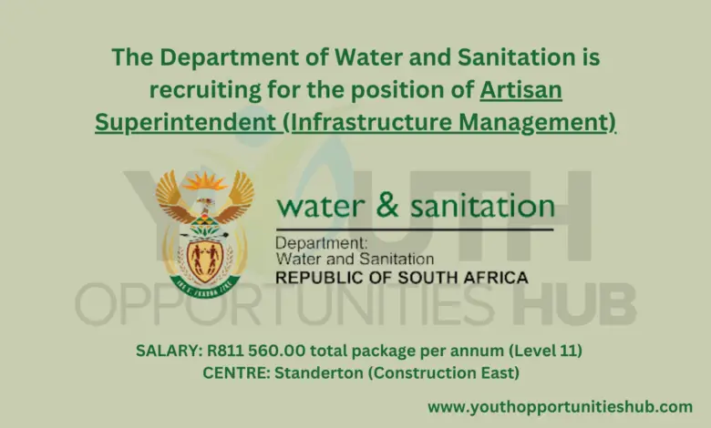 The Department of Water and Sanitation is recruiting for the position of Artisan Superintendent (Infrastructure Management)