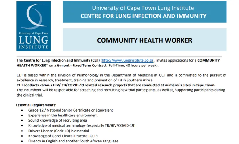 Community Health Worker Post at the University of Cape Town-Centre for Lung Infection and Immunity (CLII)