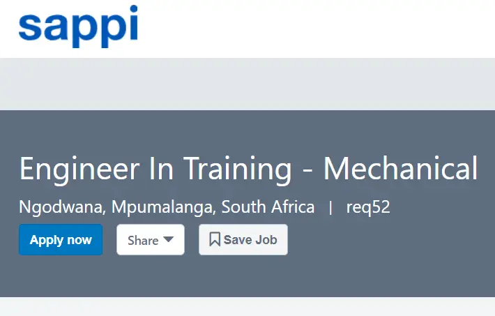 SAPPI Mechanical Engineer-in-Training opportunity for a recent Young South African Graduates