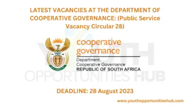 Photo of LATEST VACANCIES AT THE DEPARTMENT OF COOPERATIVE GOVERNANCE: (Public Service Vacancy Circular 28)