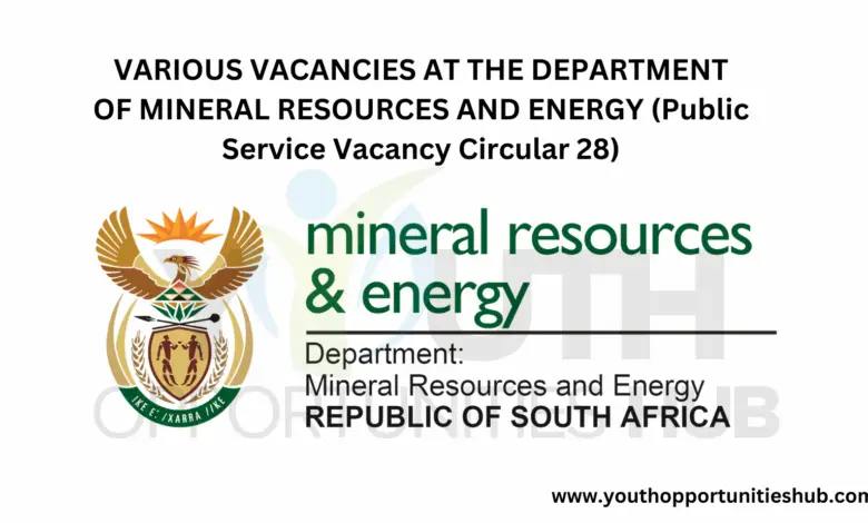 VARIOUS VACANCIES AT THE DEPARTMENT OF MINERAL RESOURCES AND ENERGY (Public Service Vacancy Circular 28)