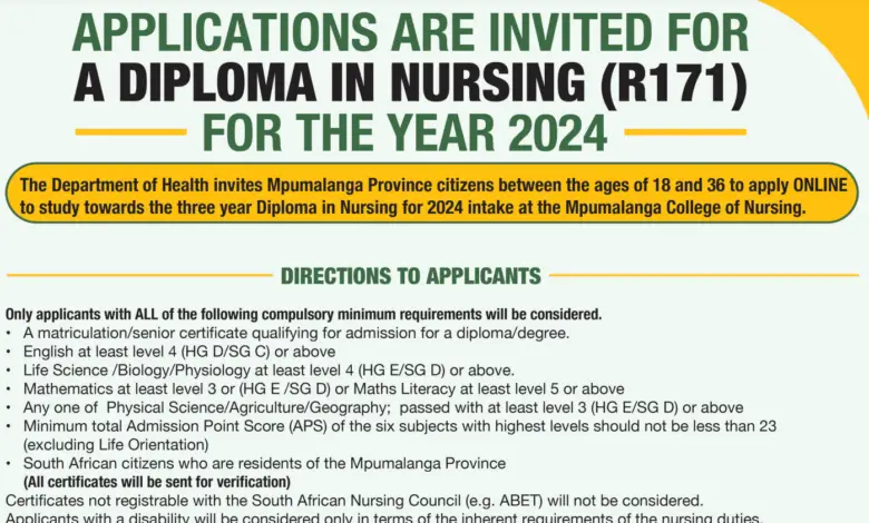 Diploma in Nursing for 2024 intake at the Mpumalanga College of Nursing: Call for Applications