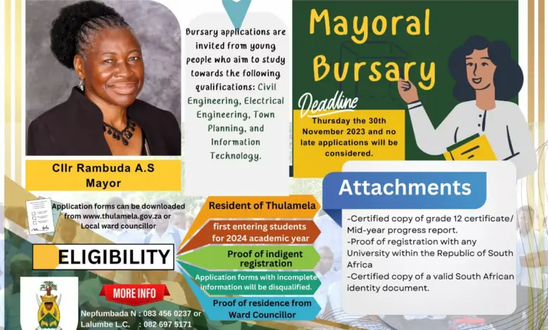 Thulamela Mayoral Bursary applications are now open (Certified copy of grade 12 Certificate required)