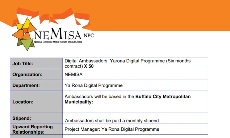 x50 Digital Ambassadors Opportunities for young South Africans for the Yarona Digital Programme (Six months contract): NEMISA