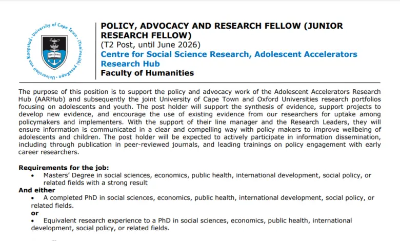 UCT IS HIRING: POLICY, ADVOCACY, AND RESEARCH FELLOW (JUNIOR RESEARCH FELLOW)