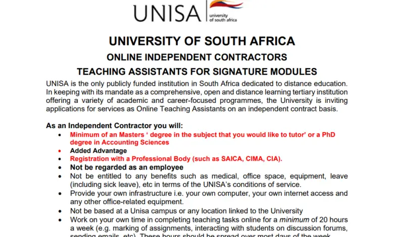 ONLINE TEACHING ASSISTANTS VACANCIES AT THE UNIVERSITY OF SOUTH AFRICA (UNISA)