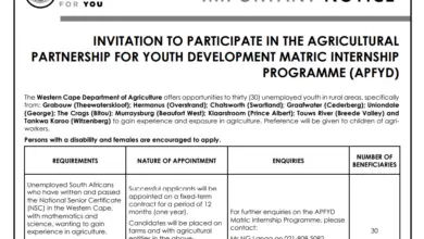 AGRICULTURAL PARTNERSHIP FOR YOUTH DEVELOPMENT MATRIC INTERNSHIP PROGRAMME (APFYD): WESTERN CAPE DEPARTMENT OF AGRICULTURE
