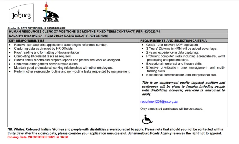 x7 HUMAN RESOURCES CLERK POSITIONS AT THE JOHANNESBURG ROADS AGENCY (JRA)