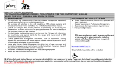 x4 PERFORMANCE MANAGEMENT OFFICERS VACANCIES AT THE JOHANNESBURG ROADS AGENCY (JRA)