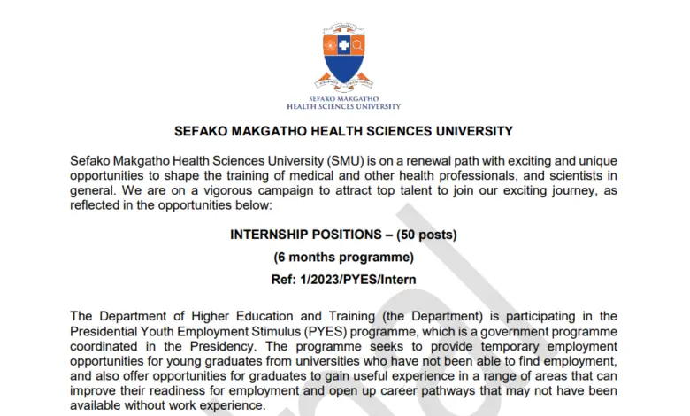 x50 INTERNSHIP POSITIONS AT SEFAKO MAKGATHO HEALTH SCIENCES UNIVERSITY