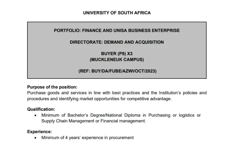 UNISA IS HIRING x3 BUYERS RESPONSIBLE FOR PURCHASING GOODS AND SERVICES
