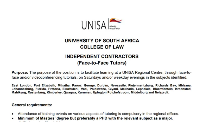 UNISA COLLEGE OF LAW IS HIRING FACE-TO-FACE TUTORS