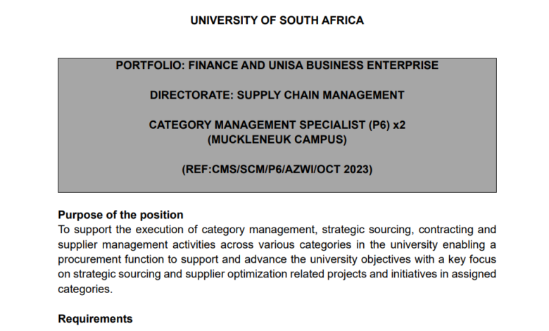 University of South Africa Supply Chain Management vacancies (DOWNLOAD PDF BELOW TO APPLY)