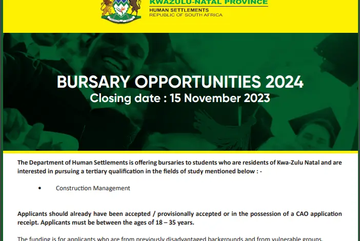 KWAZULU-NATAL DEPARTMENT OF HUMAN SETTLEMENTS BURSARY FOR YOUNG SOUTH AFRICAN