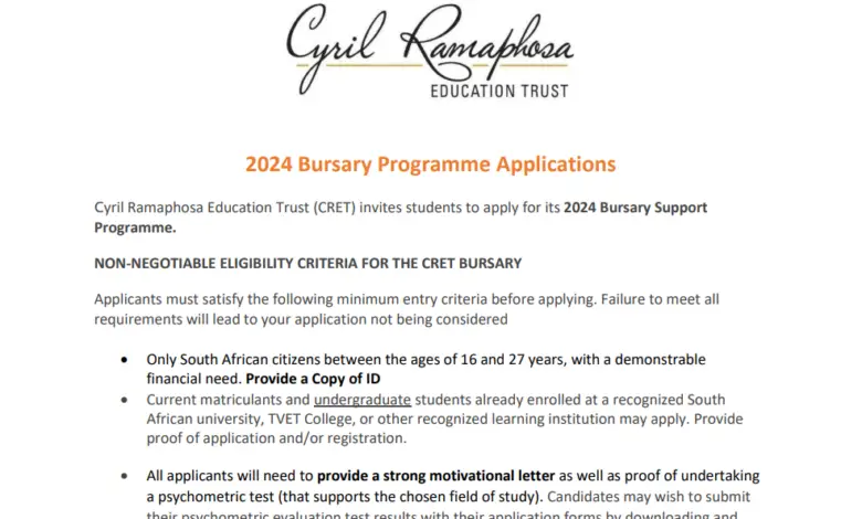Cyril Ramaphosa Education Trust (CRET) 2024 Bursary Support Programme