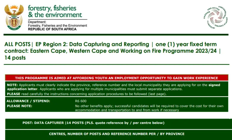 x14 Data Capturing and Reporting Posts at the Department of Forestry, Fisheries, & the Environment