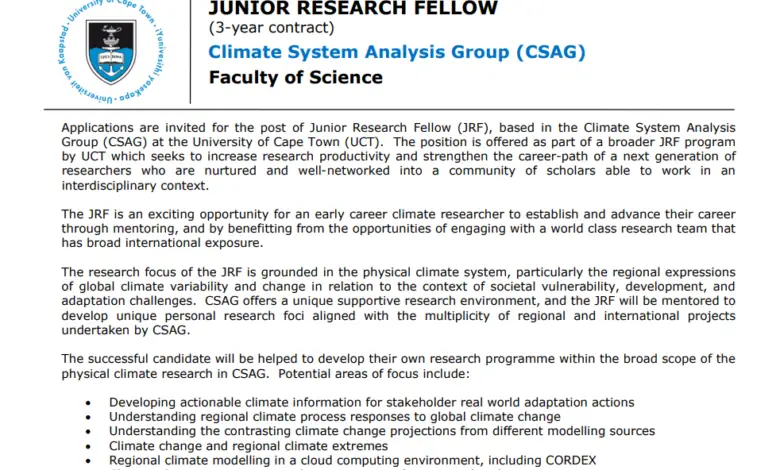 JUNIOR RESEARCH FELLOW OPPORTUNITY AT THE UNIVERSITY OF CAPE TOWN: Climate System Analysis Group (CSAG)