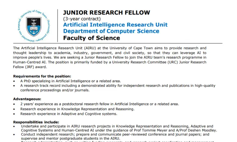 ARE YOU PASSIONATE ABOUT ARTIFICIAL INTELLIGENCE? APPLY FOR AI/COMPUTER SCIENCE JUNIOR RESEARCH FELLOW AT UCT