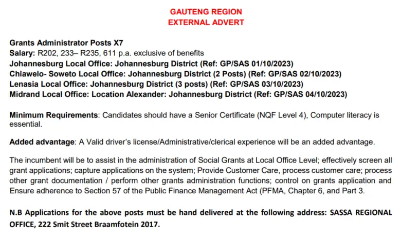 Grants Administrator Posts X7 at SASSA Gauteng Province