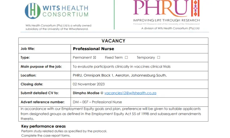 ARE YOU A PROFESSIONAL NURSE IN SOUTH AFRICA? APPLY FOR THE PROFESSIONAL NURSE POSITION AT WITS HEALTH CONSORTIUM
