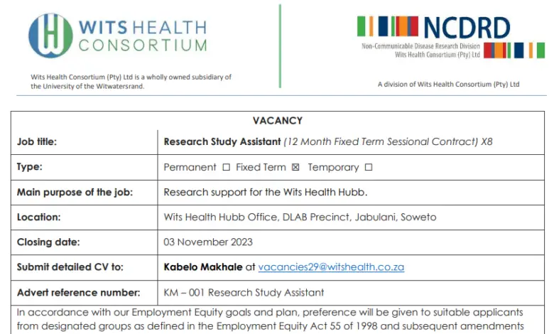 x8 RESEARCH STUDY ASSISTANT POSITIONS AT WITS HEALTH CONSORTIUM (Wits University)