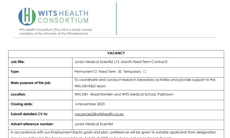 JUNIOR MEDICAL SCIENTIST OPPORTUNITY FOR YOUNG SOUTH AFRICANS AT WITS HEALTH CONSORTIUM