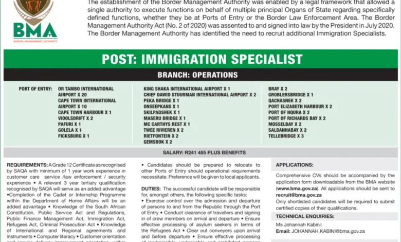 x65 VACANCIES FOR SOUTH AFRICANS AT THE BORDER MANAGEMENT AUTHORITY (BMA)
