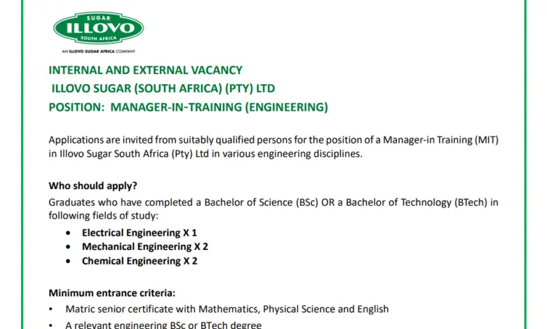 ILLOVO SUGAR (SOUTH AFRICA) (PTY) LTD MANAGER–IN–TRAINING (ENGINEERING) PROGRAMME