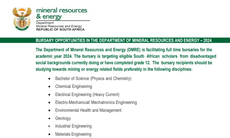 The Department of Mineral Resources and Energy (DMRE) full time bursaries for the academic year 2024