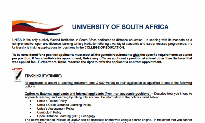 UNISA is inviting applications for positions in the COLLEGE OF EDUCATION