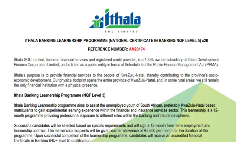 ITHALA BANKING LEARNERSHIP PROGRAMME (NATIONAL CERTIFICATE IN BANKING NQF LEVEL 5) x20