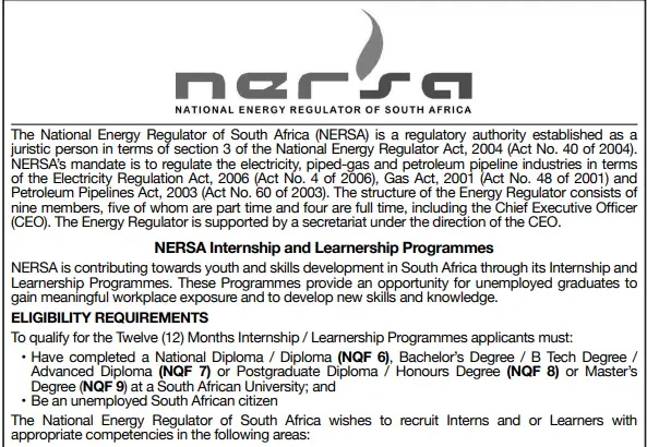 The National Energy Regulator of South Africa (NERSA) Internship and Learnership Programmes