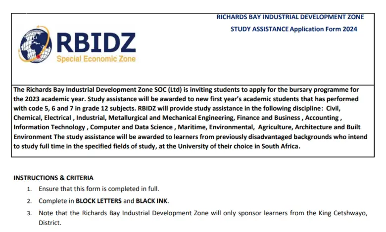 The Richards Bay Industrial Development Zone SOC (Ltd) bursary programme for the 2023 academic year