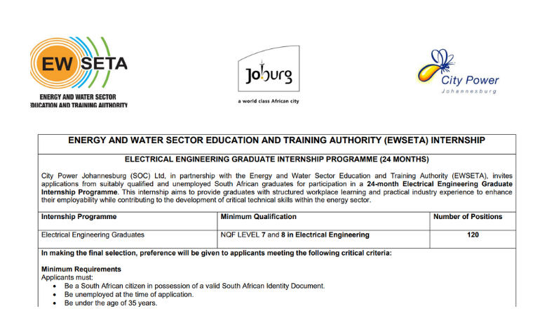 120 Electrical Engineering Internship Positions at City Power Johannesburg and EWSETA 120 Electrical Engineering Internship Positions at City Power Johannesburg and EWSETA