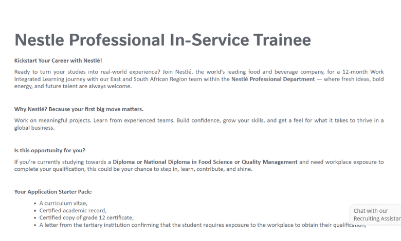 Nestlé Professional In-Service Trainee 2026