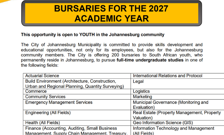 City of Johannesburg 2027 Bursary Programme: 200 Bursaries Available for Local Youth